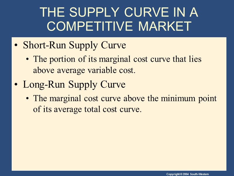 THE SUPPLY CURVE IN A COMPETITIVE MARKET Short-Run Supply Curve The portion of its